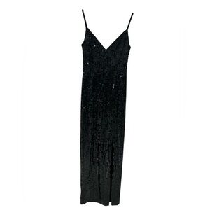 Vintage 90s Niteline Black Sequin Formal LBD Beaded V Neck Maxi Dress - Size 6